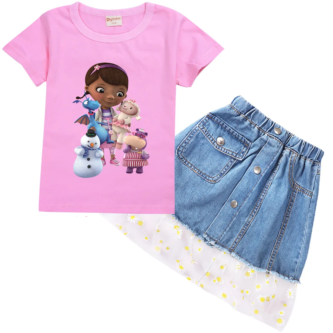 

2022 New Disney Doc McStuffins Summer Dress Baby Girl Cute Cotton T-Shirt + Casual Washed Denim Shorts Toddler Cartoon Set