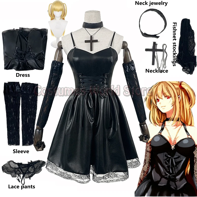 

Death Note Cosplay Costume Misa Amane Imitation Leather Sexy Dress +Neck jewelry+stockings+necklace Uniform Outfit Halloween Wig
