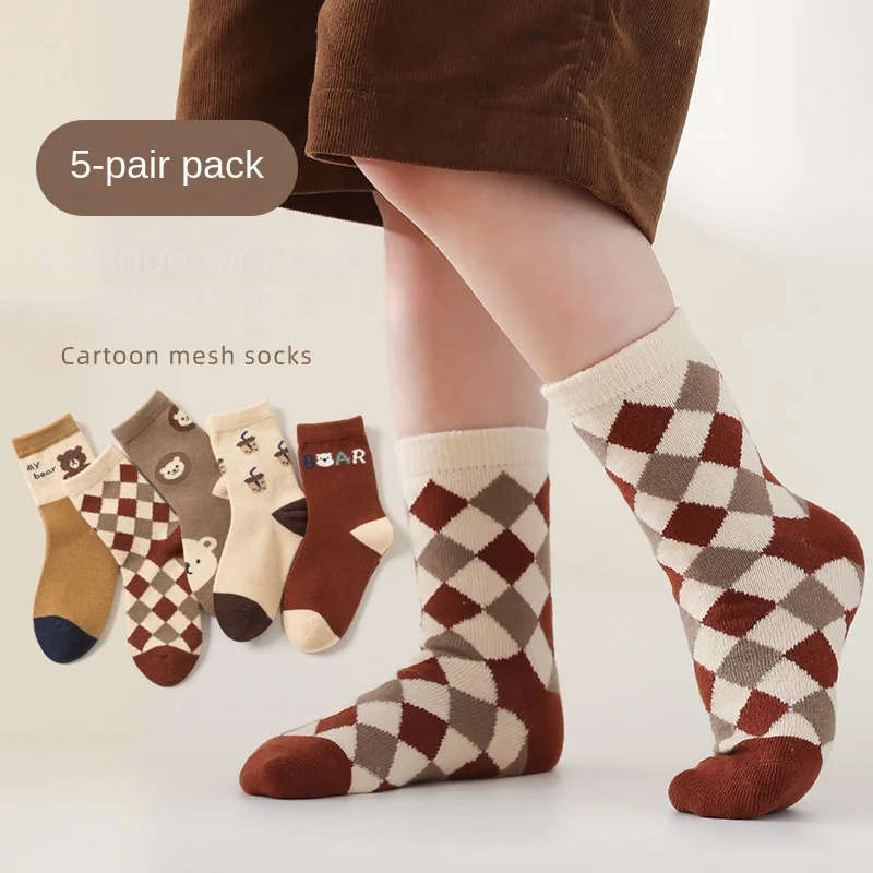 

5 Pairs/lot 2022 Kids Boys Autumn Girl Socks Cotton Winter Cartoon Bear Baby Breathable Keep Warm Floor Anti-skid Girls Sock
