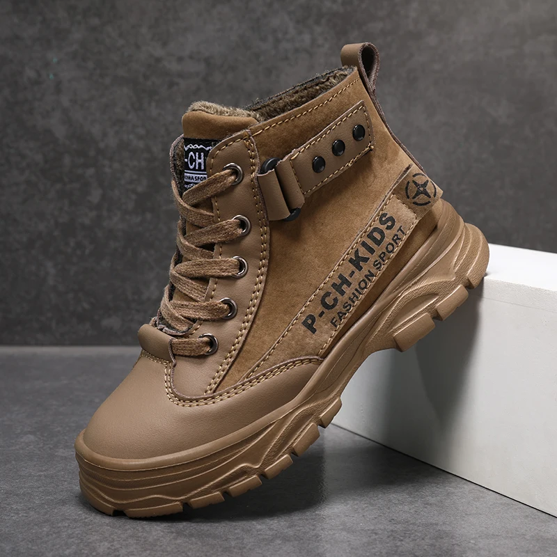 

Fashion Boy Boots Children Winter Warm Snow Shoes Kids Shoes Sneakers Outdoor Non-slip Plush Khaki Black Ankle Boots for Boy