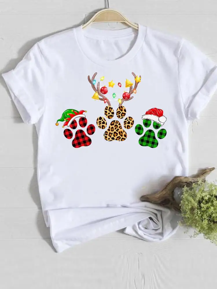 

Симпатичная Новогодняя женская футболка с изображением лапы собаки кота питомца Счастливого Рождества модная повседневная одежда женская...