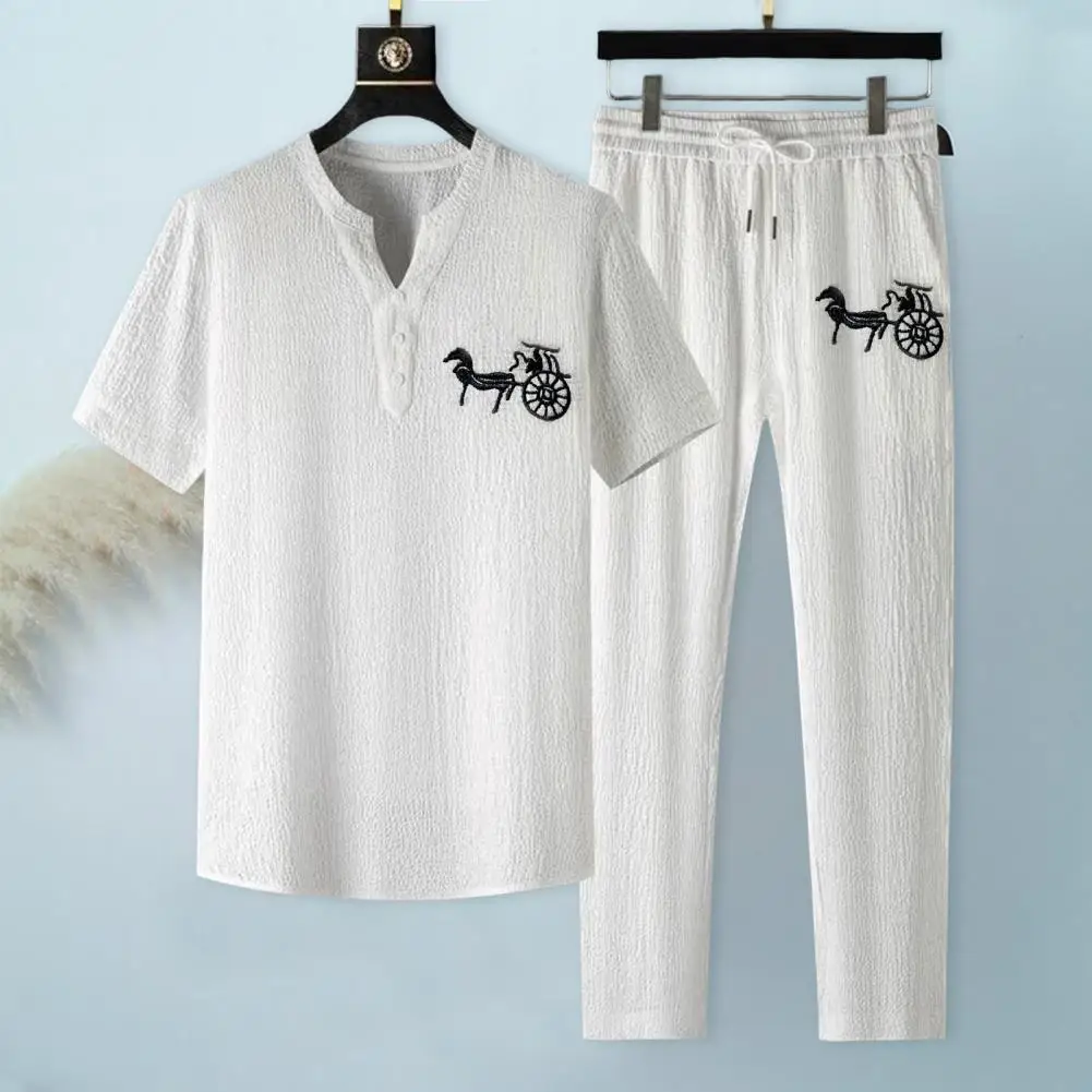 

1 Set Stylish Sportswear Set Temperament Top Trousers V Neck Buttons Neckline Top Mid Waist Pants Elastic Waist