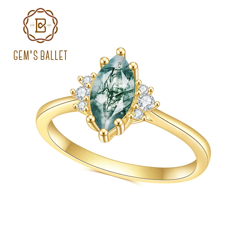 

GEM'S BALLET 0.97CTW 5x10mm Marquise Cut Art Deco Moss Agate Vintage Engagement Rings in 925 Sterling Silver Gift For Her