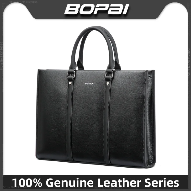BOPAI Men's Business Leisure Genuine Leather Handbag office 15.6 inch Laptop Briefcase Vintage Leather Shoulder Messenger Bag