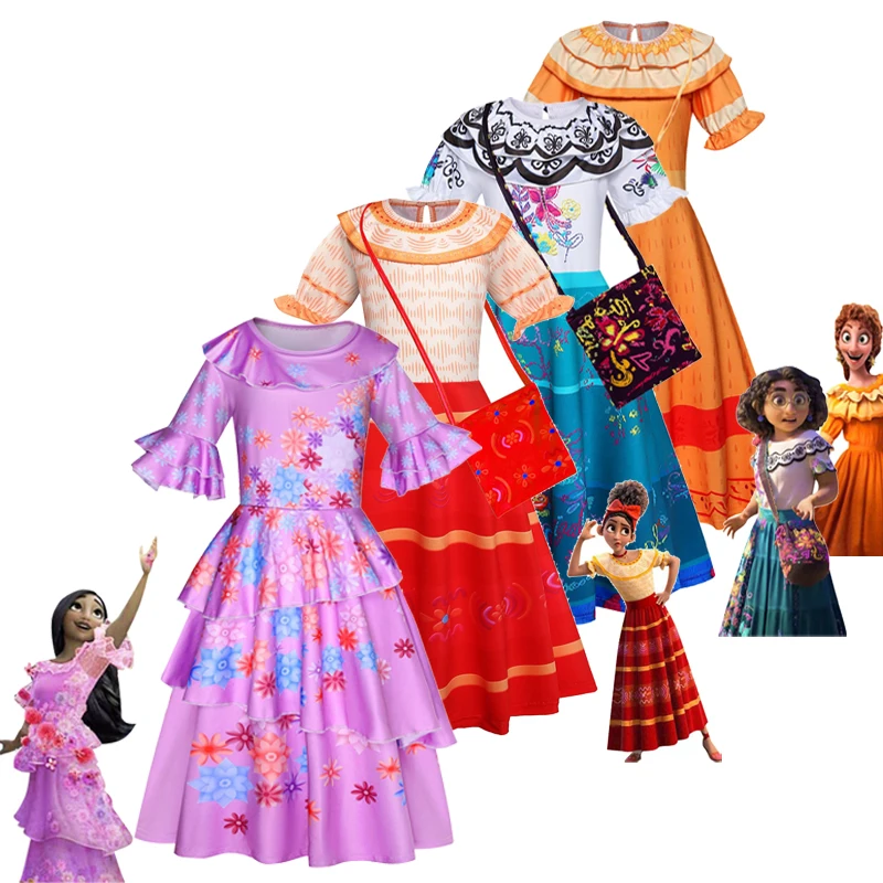 

Encanto Girls Mirabel Costume New Year Party Halloween Toddler Purple Flower Isabela Dress Up Fancy Cosplay Black Wig Glasses