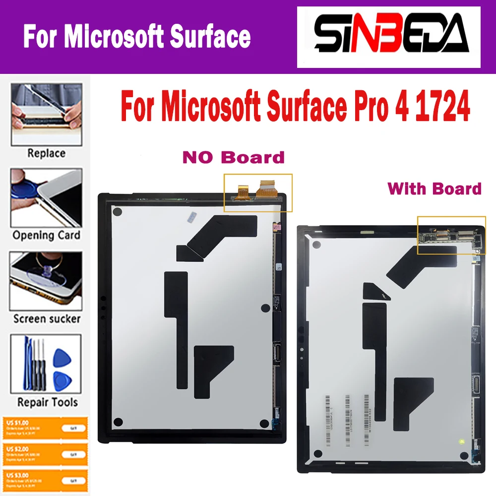 100% Original For Microsoft Surface Pro 4 1724 LCD Touch Screen Digitizer Panel Glass Assembly For Pro4 LCD Replacement