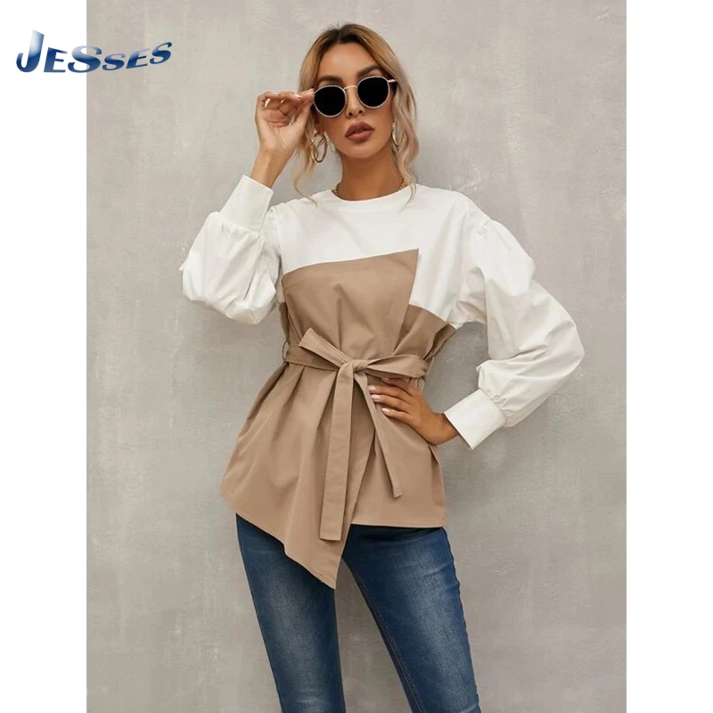 

Ladies Stitching Bowknot Shirt Lantern Sleeve Round Neck Casual Female Spring/Summer Lace-up Waist Blouse Elegant Loose Tops XL