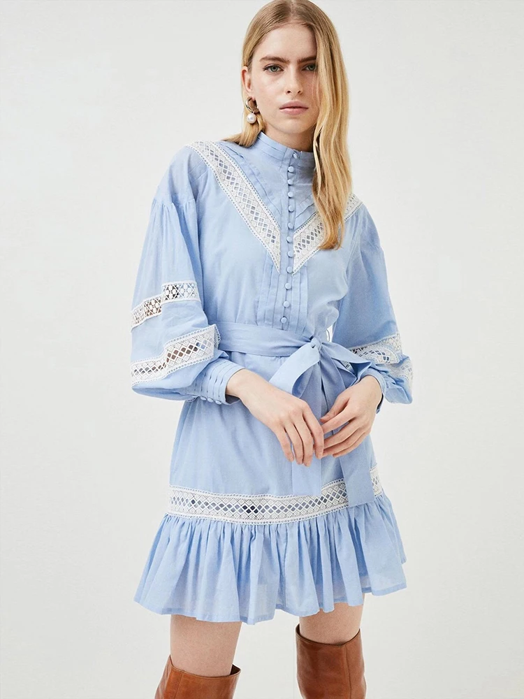 

Delocah, высокое качество, весенние женские модные взлетно-посадочной полосы вечерние мини-платье с рукавом-фонариком, с рюшами, сплошной цвет, ...