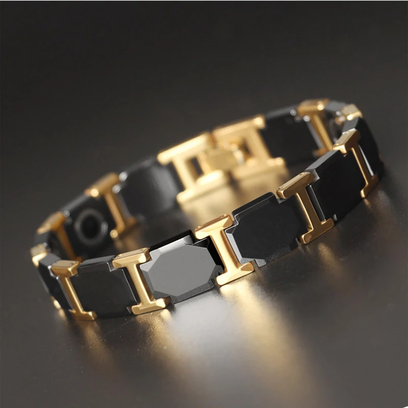 

Luxury Men Health Black Ceramic Bio Magnetic Germanium Bracelets Women Gold Color Stainless Steel Chain Link Bangle Jewelry