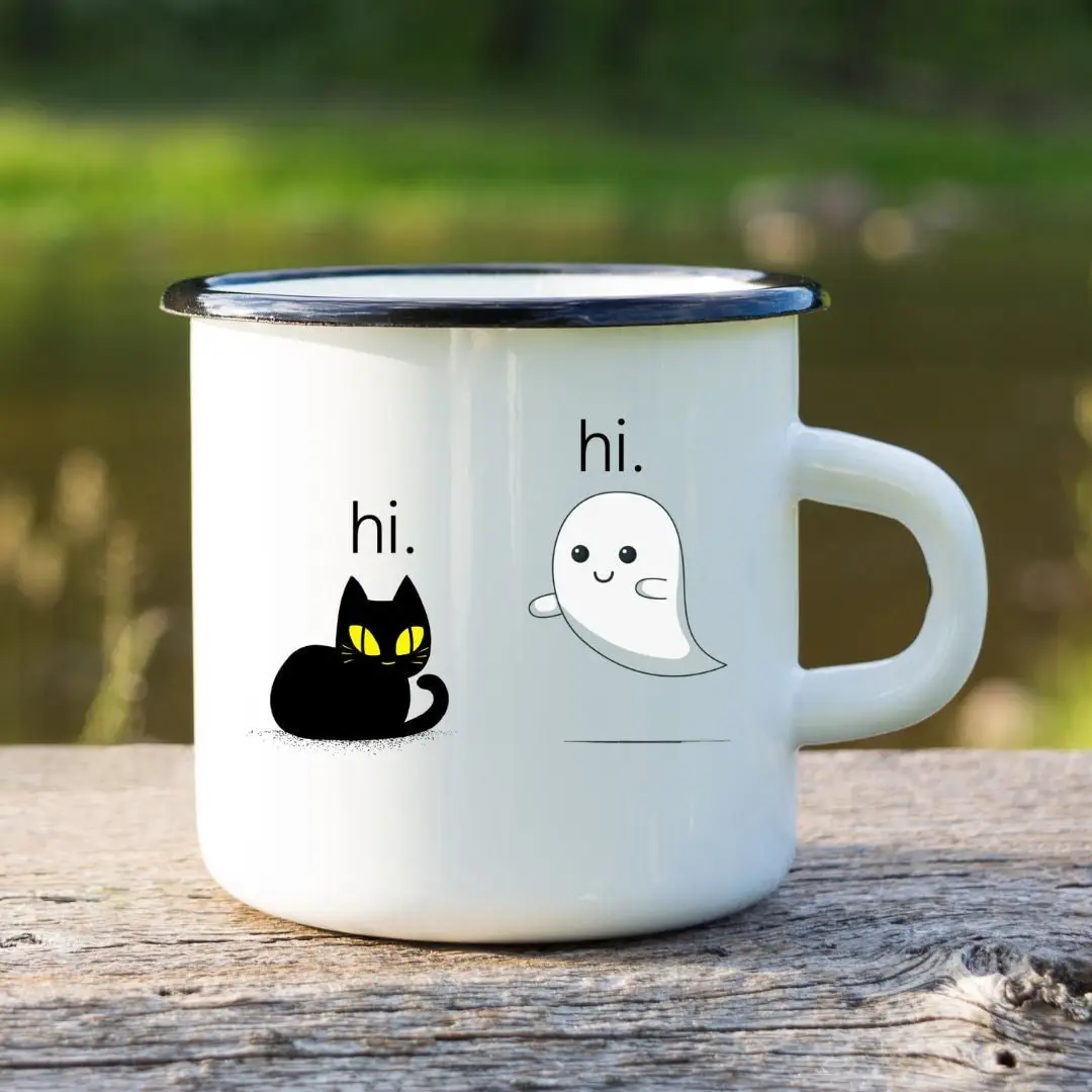 

Кофейная кружка на Хэллоуин, кружка с черной кошкой, подарок на день рождения кошки, эмалированная Кружка с призраком, кофейная кружка для д...