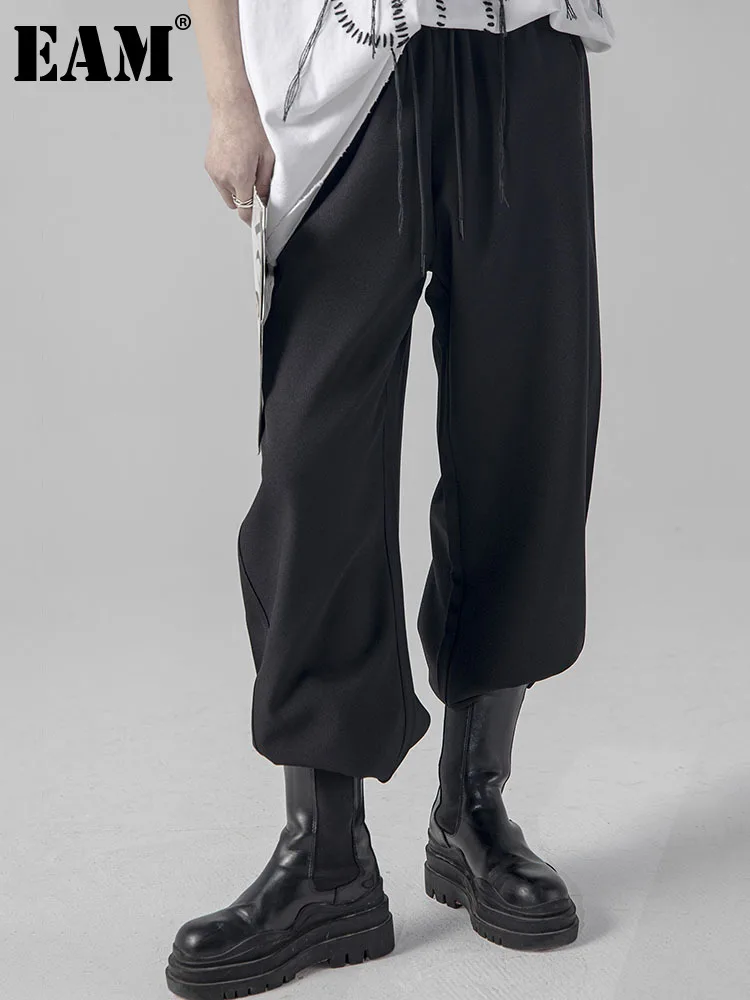 

[EAM] High Elastic Waist Black Brief Long Wide Leg Trousers New Loose Fit Pants Women Fashion Tide Spring Autumn 2022 1DE7261