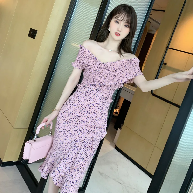

Summer Dresses Pink Floral Printed Off Shoulder Female Clothing Bodycon Sexy Ruffle Unique Date Slim Dresses for Women 2022