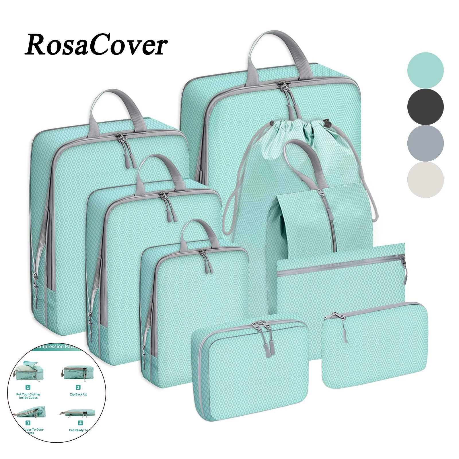 9PCS Compressed Packing Cubes Travel Storage Organizer Set With Shoe Bag Mesh Visual Luggage Portable Lightweight Suitcase Bag