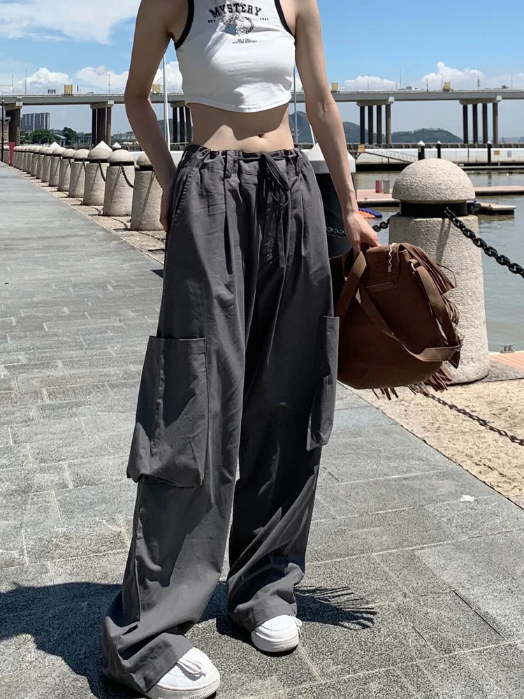 

Deeptown Harajuku Parachute Pants Women Y2K Streetwear Wide Leg Cargo Trousers Female Oversize Loose Joggers Pockets Hip Hop