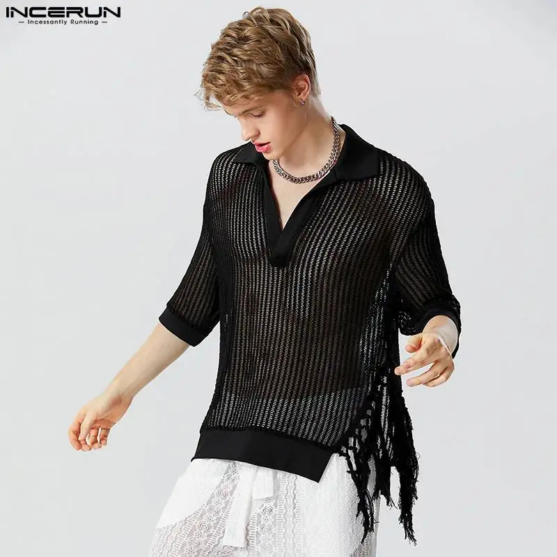 

INCERUN Men Shirt Knitted Tassel Patchwork Hollow Out Lapel Short Sleeve Men Clothing Streetwear 2023 Loose Fashion Camisas