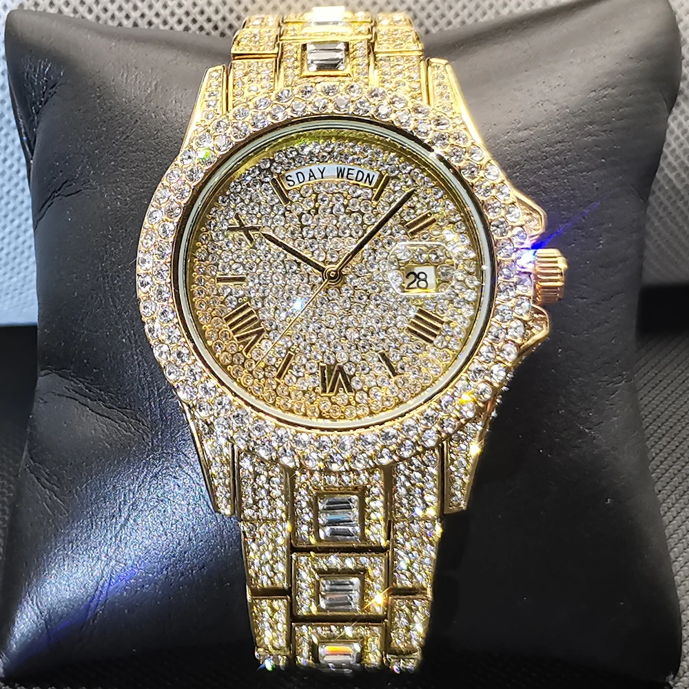 

MISSFOX Fashion Brand Gold Watches Men Luxury Iced Out Full Diamond Watch Date Calendar AAA Jewelry Clocks Male 2022 Hot Sell