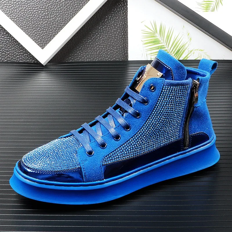 

2022 Cool Men High Top Men Gold Glitter Sneakers Lace Up Crystal Platform Flats Gold Shoes Man Sequins Bling Shoes B1-01