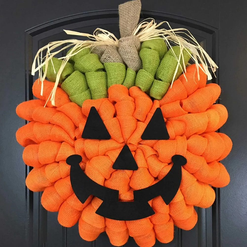 

Halloween Decorative Pumpkin Wreath Festival Theme Burlaps Jack-O-Lantern Wreath Autumn Ghost Festival Party Decoration