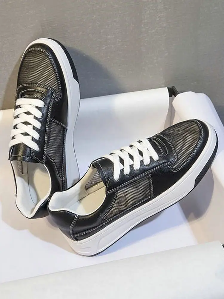 

2023 New Women Sneakers Lace-Up Summer Mesh Genuine Leather Sports Casual Flats Round Toe Med Heel Shoes Woman