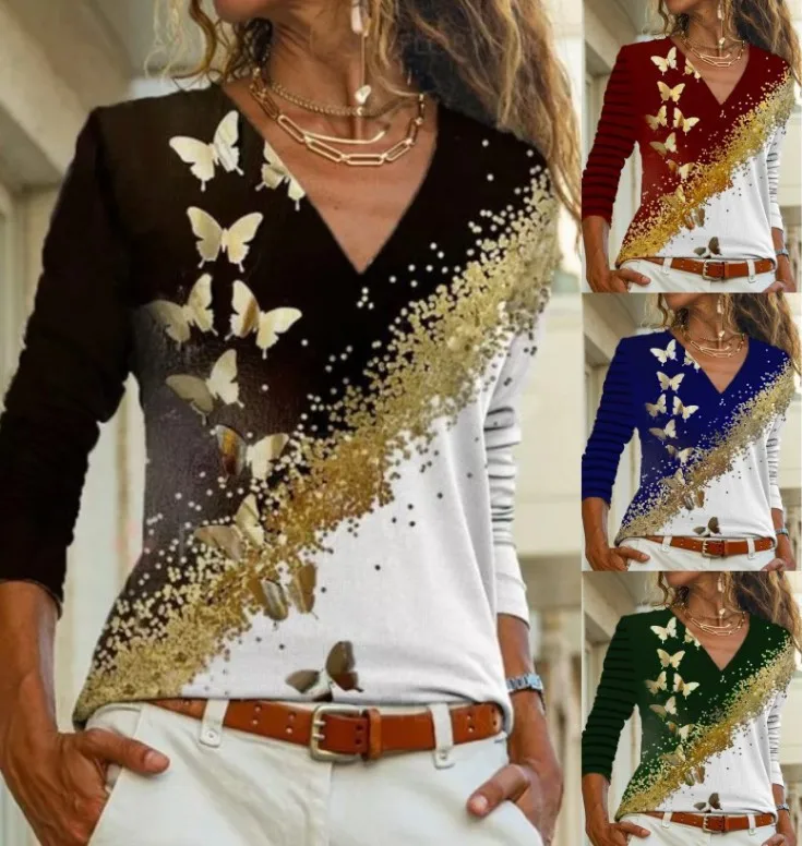 

2022 autumn and winter new fashion casual printing V-neck T-shirt