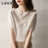 2022 summer kpop fashion style knitting aesthetic all match tops women solid color o neck hollow out thin chic female pullover