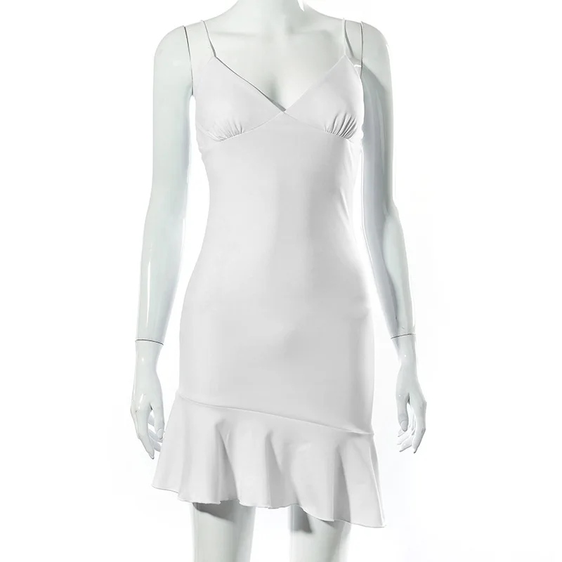 

Elegant V Neck Ruffles Strap Sexy Bodycon Dress For Women 2022 Summer Sleeveless Office Lady Vintage Party White Dress
