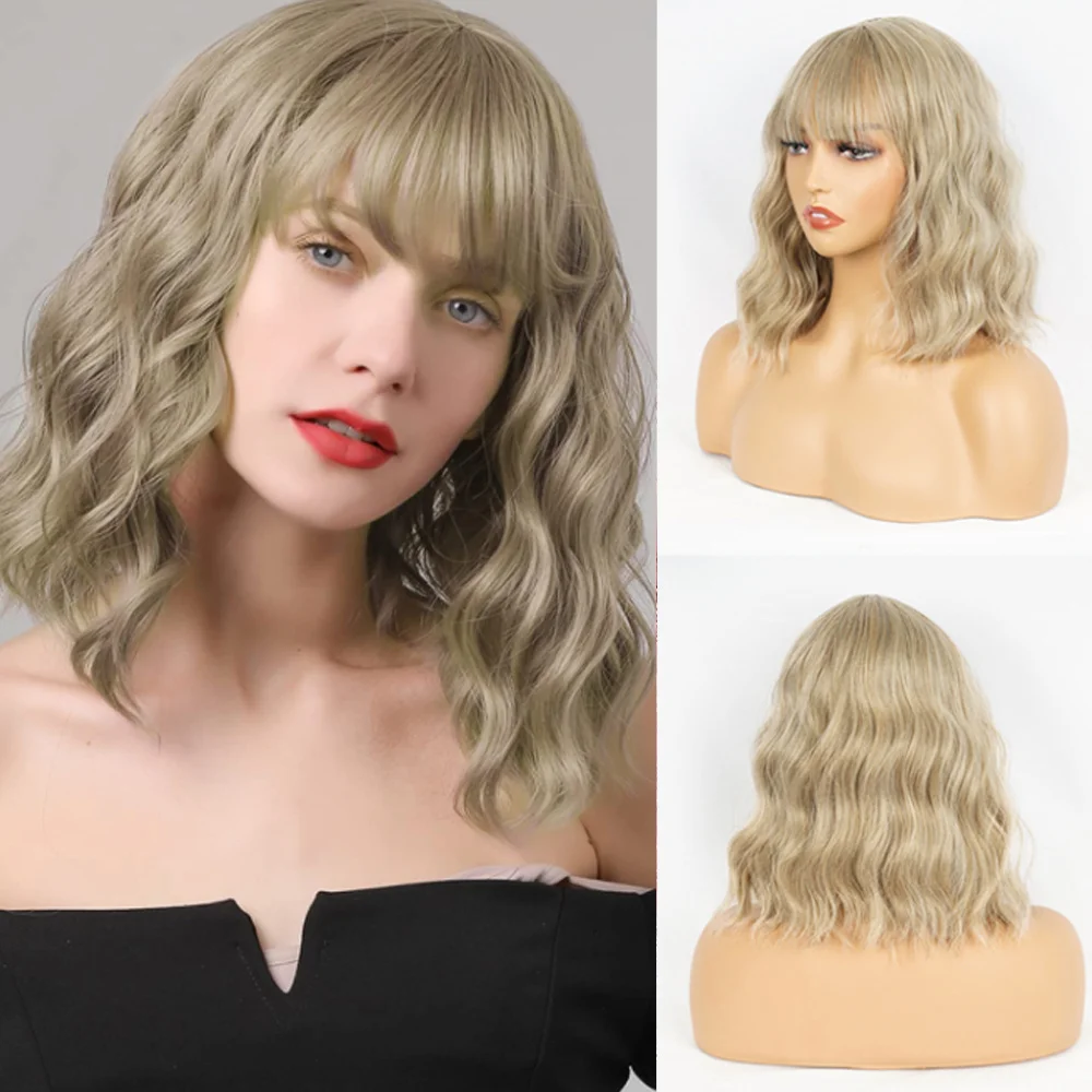 

Short Wavy Bob Blonde Wigs with Air Bangs for Women Short Wave Bob Women Synthetic Wigs Ombre Light Brown Bob Wig Cosplay Wigs