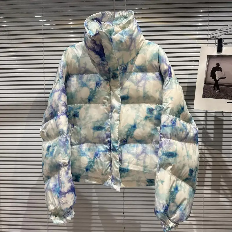 Network Celebrity 2022 Winter New Tie Dyed Phantom Pattern Warm Bread Jacket Cotton Padded Clothes Coats Women Sustans Casual