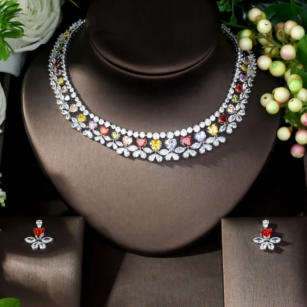 Fashion High Quality Multi-color Zirconia Wedding Jewelry Set Heart Shape  Bridal Necklace and Earring ensemble de bijoux N-1037