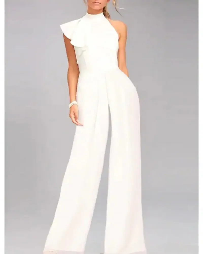 

Jumpsuits White Elegant Engagement Prom Dress Halter Ruffles Satin Evening Formal Gown 2022 Vestidos Festa Robe De Soiree