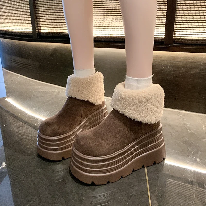 10CM Women Fur Snow Boots Suede High Heels Cotton Shoes Short Plush Casual Platform Ankle 2025 Trend Winter Warm Botas