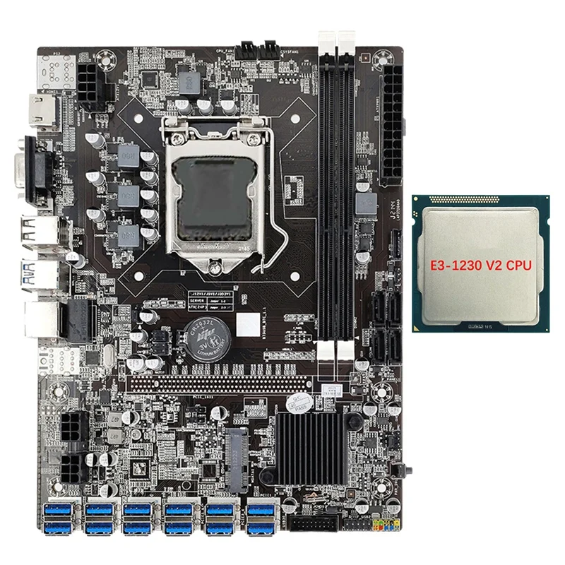 

B75 12 GPU Mining Motherboard+E3-1230 V2 CPU 12 USB3.0 To PCIE 1X Graphics Slot LGA1155 2X DDR3 RAM SATA3.0 For BTC/ETH