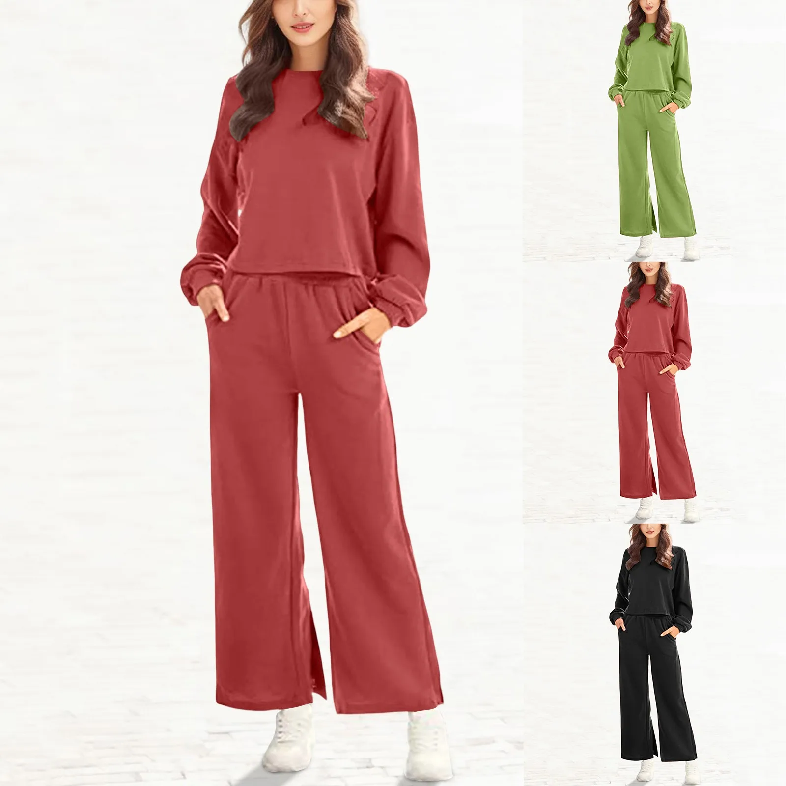 

Женский летний комплект из 2 предметов, короткий базовый топ с круглым вырезом и укороченные широкие брюки, однотонная уличная одежда, домашние комплекты, 2023