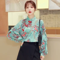 autumn retro chinese style design sense niche chiffon top cheongsam disc button lotus leaf floral blouse women blouse