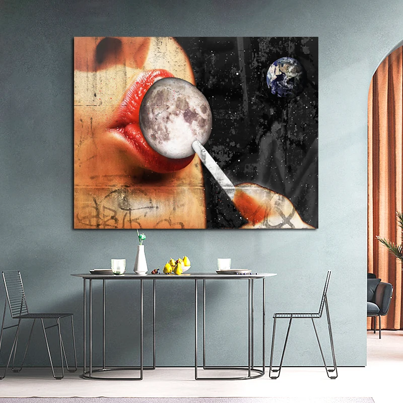Абстрактный постер, печать, поцелуй, луна, картина маслом, леденец, холст, искусство, Настенная картина для гостиной, украшение для дома