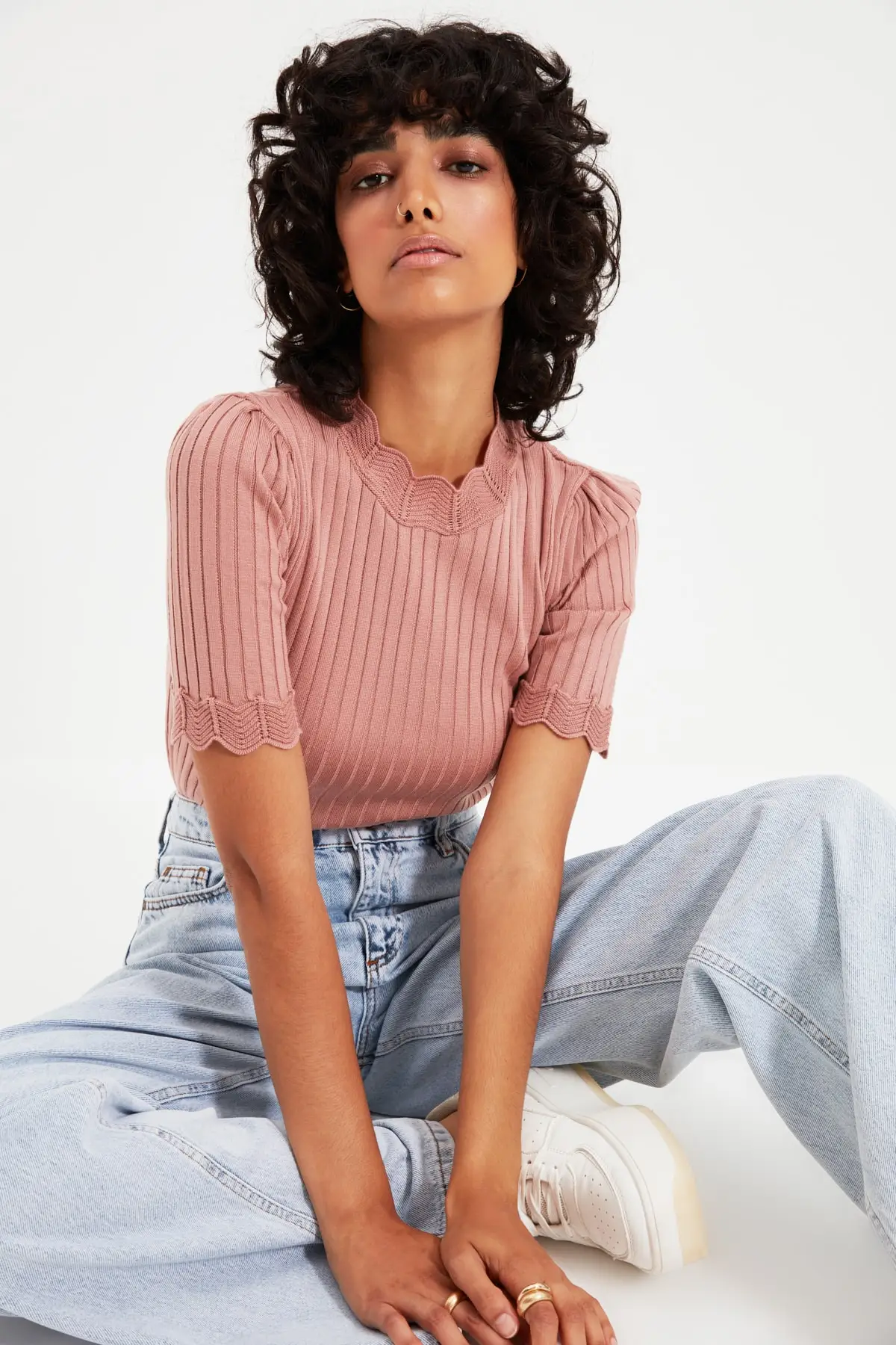 

Color Rose Sleeve Hem And Neckline Sectional Knitwear Bluz Christmas gift