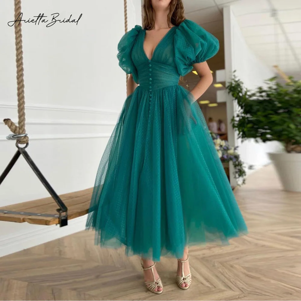 

Arietta Green Dotted Tulle Midi Prom Dresses V-Neck Short Puff Sleeves Tea-Length A-Line Evening Party Gowns with Pockets