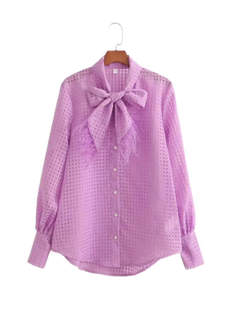 

KLKXMYT TRAF женская рубашка с бантом Женская Осенняя рубашка на пуговицах для женщин полупрозрачные блузки с длинным рукавом для женщин