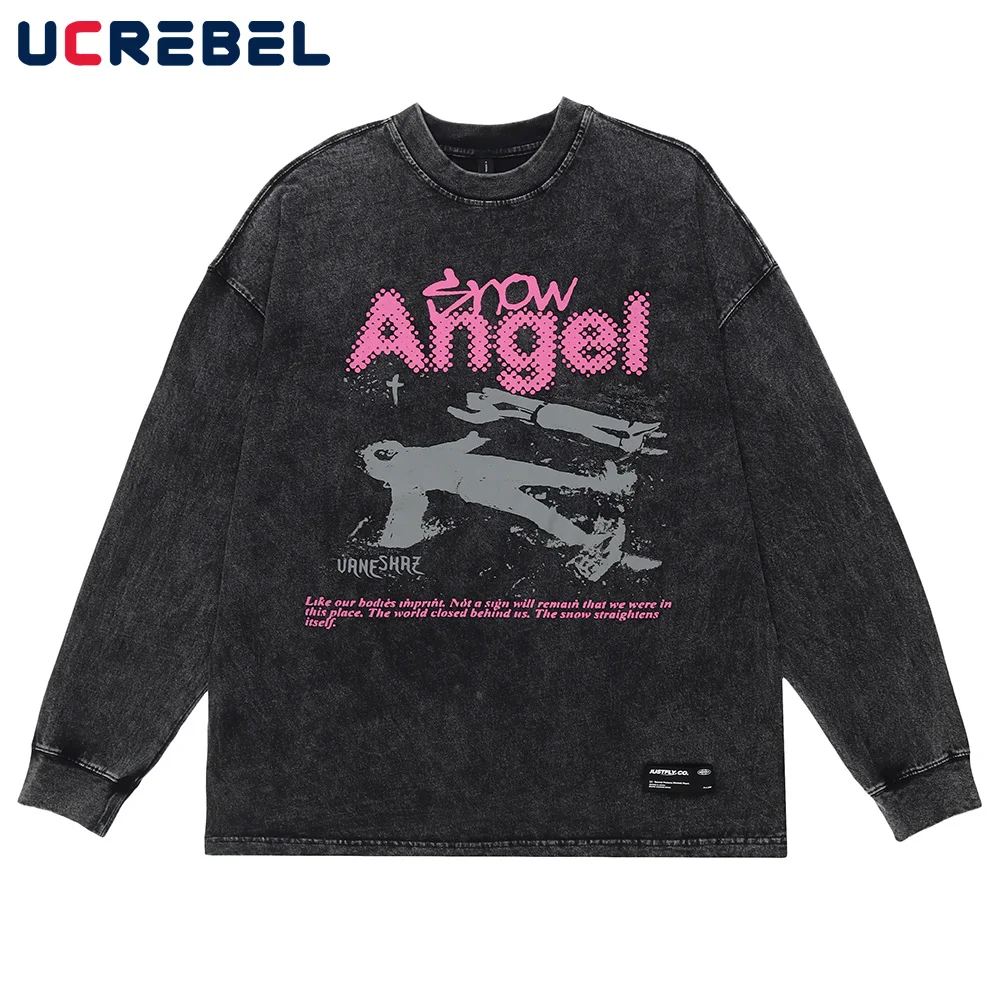 

Letter Print Long Sleeve T-shirt Mens High Street Washed Distressed Loose Crewneck Cotton Tee Autumn Streetwear Casual Top Men