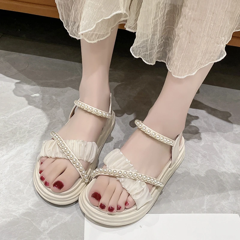 

Женские босоножки с круглыми бусинами, модные удобные сандалии-гладиаторы на плоской подошве, повседневные летние пляжные туфли в сказочном стиле