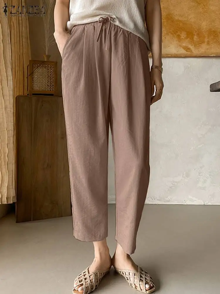 

2023 ZANZEA Summer Harem Pants Women Vintage Elastic Waist Solid Long Trousers Casual Loose Turnip Pantalon Female Work Palazzo