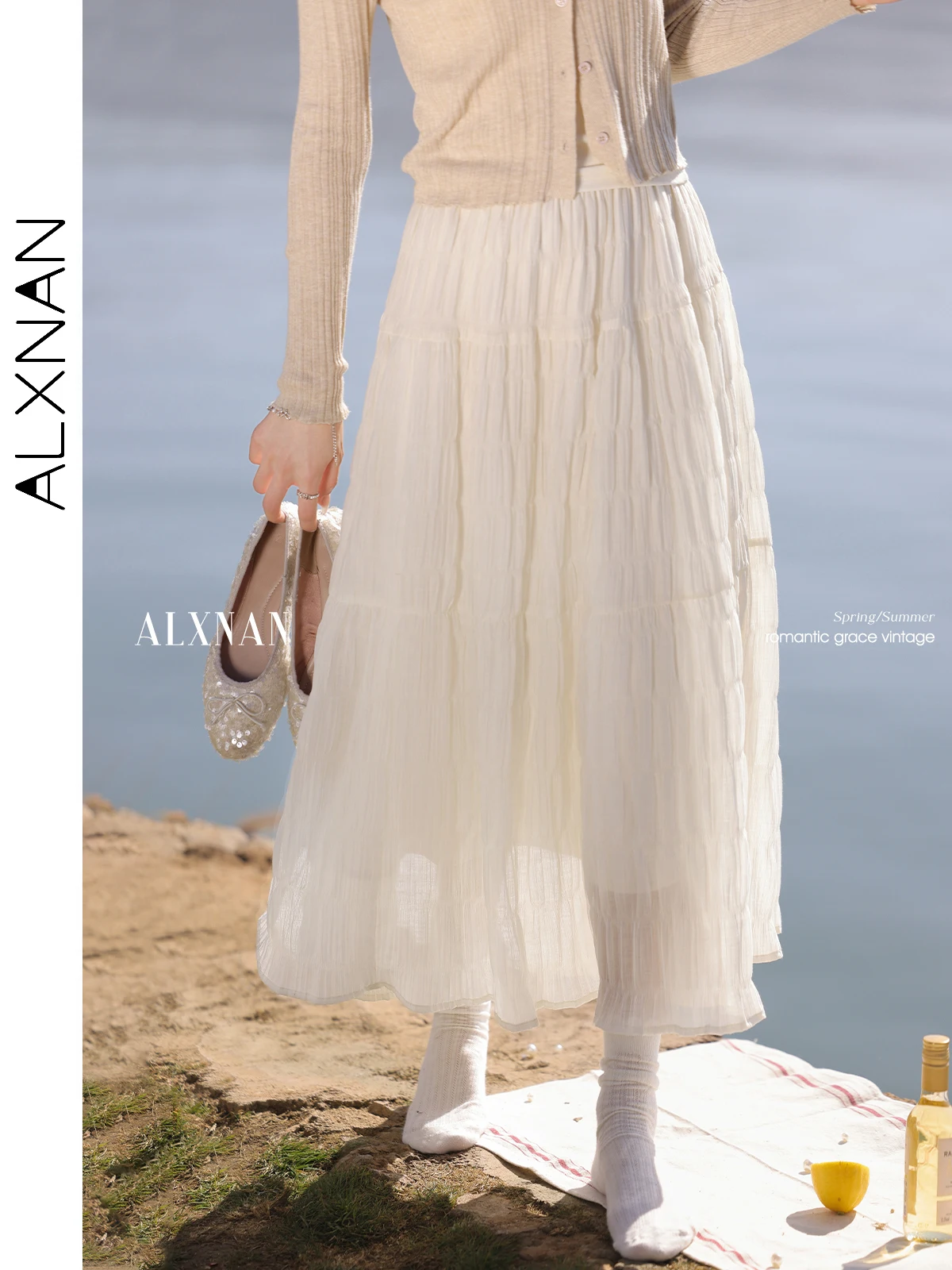 ALXNAN абрикосовая женская юбка тонкая трапециевидной формы с морщинами элегантная