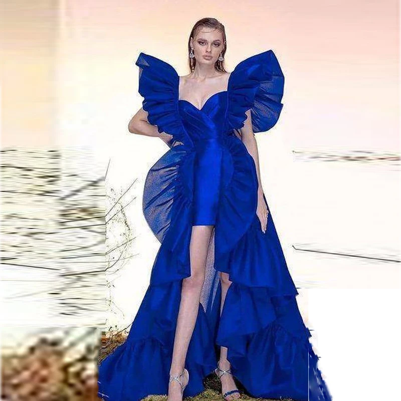 Royal Blue Ruffle Tulle Dresses Sweetheart Pleat Ruched платье женское Gorgeous Asymmetrical Long Prom Gowns Wedding Party Dress
