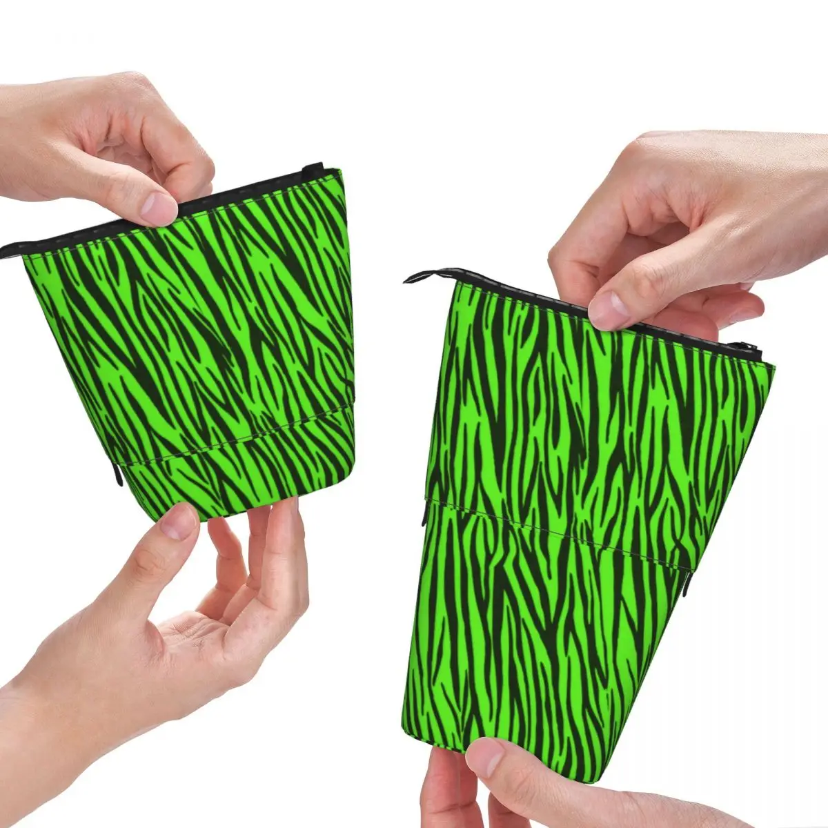 

Green Zebra Stripes Fold Pencil Case Animal Print For Child School Standing Pencil Box Fashion Pen Bags