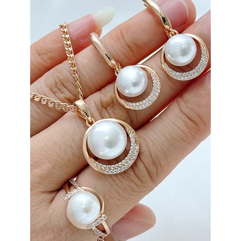 Kinel модное геометрическое жемчужное кольцо, серьги, ожерелье для женщин, розовое золото 585, цвет с натуральным цирконом, этнические свадебные украшения