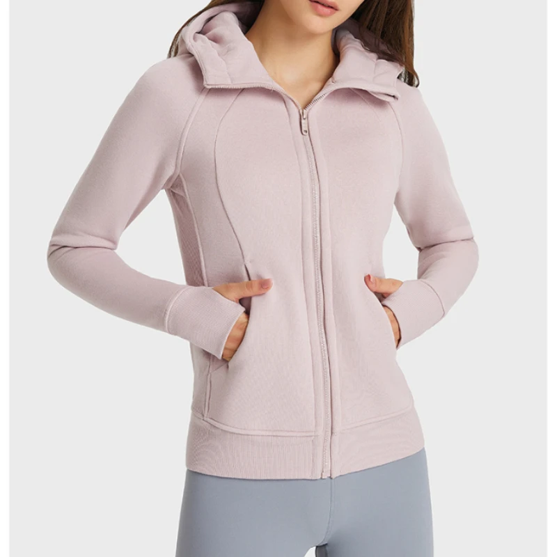 Hiking Thick Warm Hooded Running Jackets Women Autumn Winter Fitness Sports Lulucoat Casual Thumb Hole Zipper Outdoor Pockets