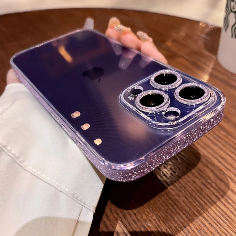 

Bling Camera Glitter Bumper Temper Glass Case for iPhone 12 13 14 Pro Max 14 Plus Transparent Shockproof Luxury Phone Back Cover