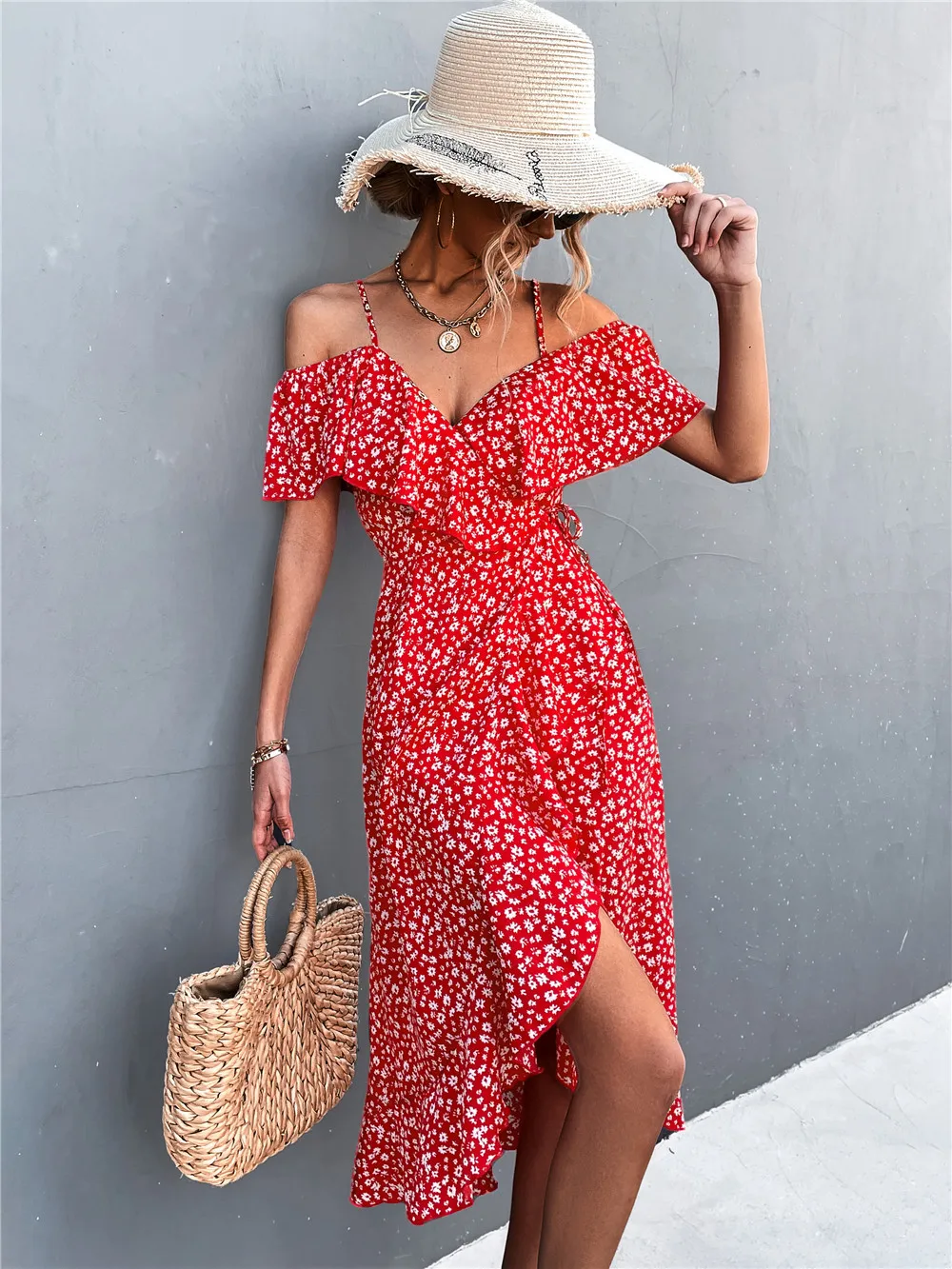

SSCL Summer Long Skirt Sling Waist Dress Skinny V-Neck Sexy Floral Dresses Butterfly Sleeve Knee Length Skirt فستان vestidos