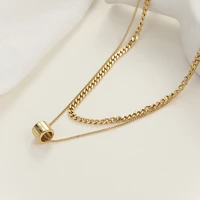 stainless steel double round gold color pendant neckalce punk creative lock chain adjustable neckalce for women man jewelry
