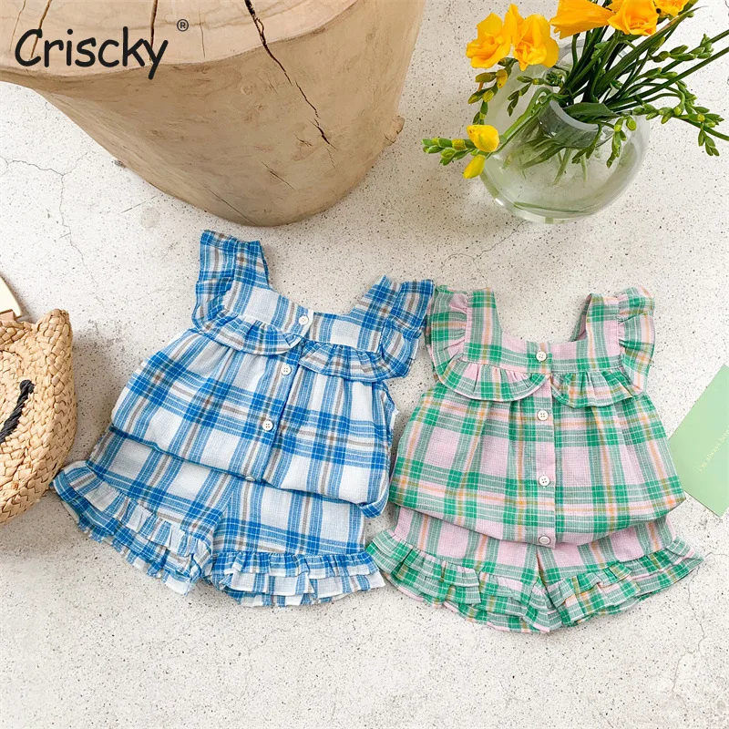

Criscky Baby Clothing Set Children's Plaid Sleeveless Elastic Shorts Two Piece Suit Spring Newborn Boys Girls Pants Outfit